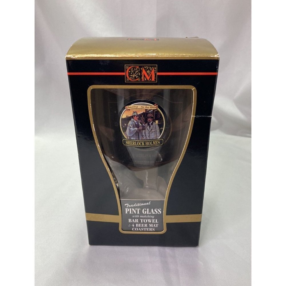 Concept Memorabilia Sherlock Holmes Pint Glass Arcoroc France w/4 Coasters